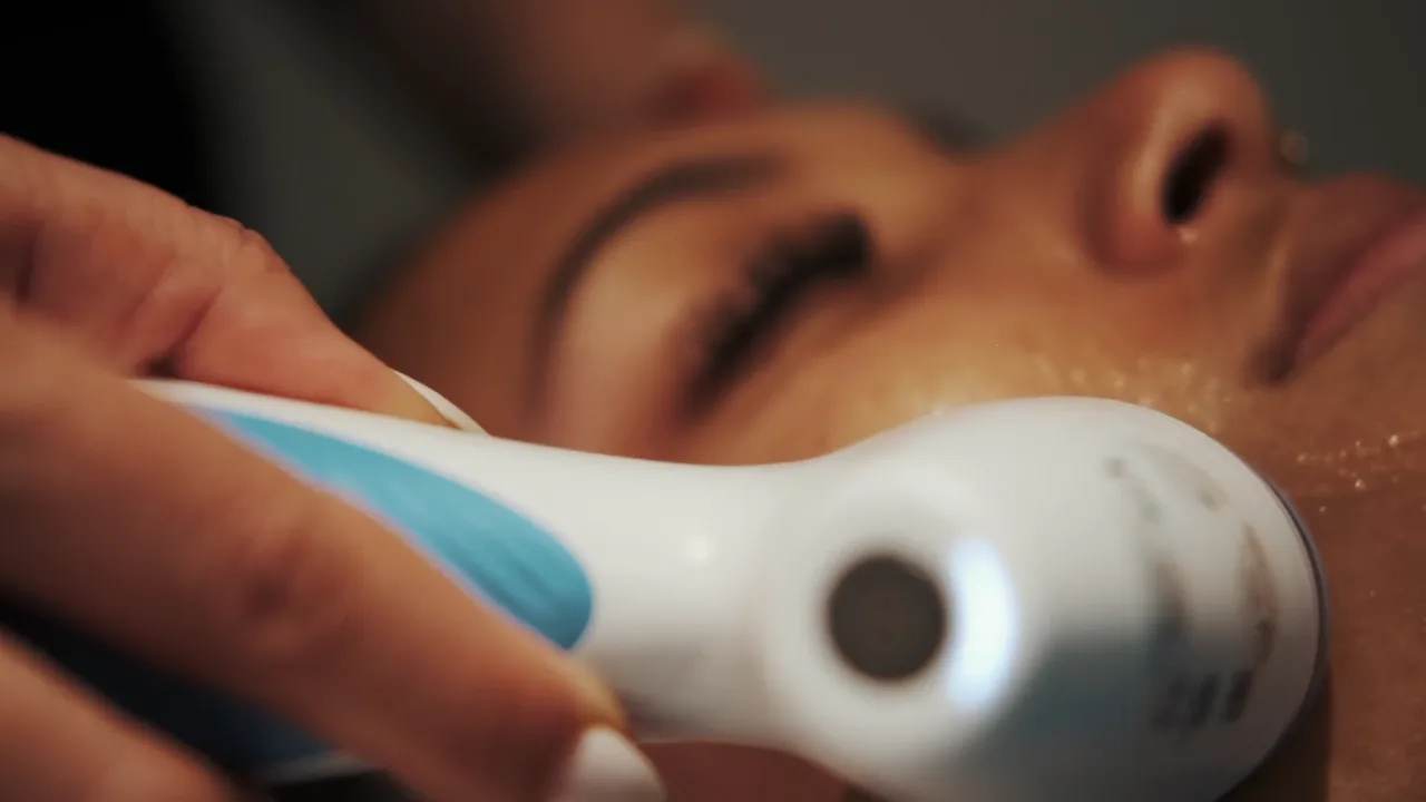 Pièce à main de microdermabrasion passée sur le visage, puis massage manuel en fin de soin