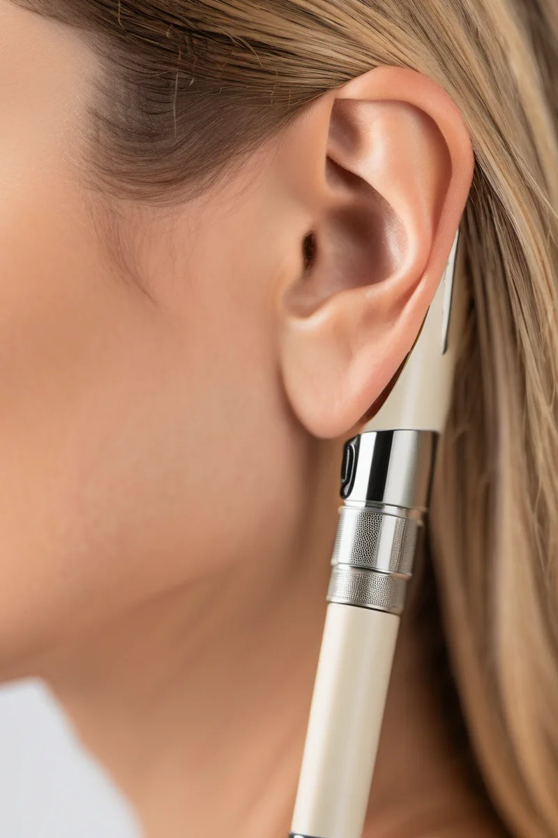 Stylo laser de faible intensité approché du pavillon de l'oreille d'une cliente, cabine claire