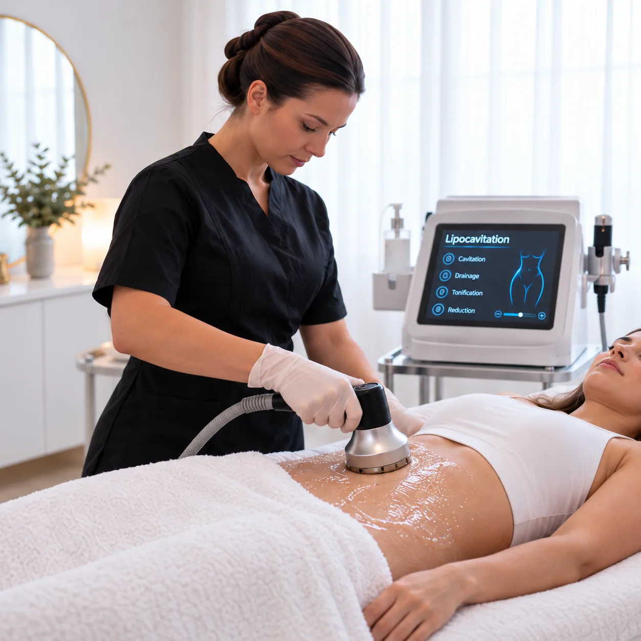 Séance de lipocavitation sur l’abdomen, la praticienne applique la pièce à main sur le gel, l’écran affiche Lipocavitation