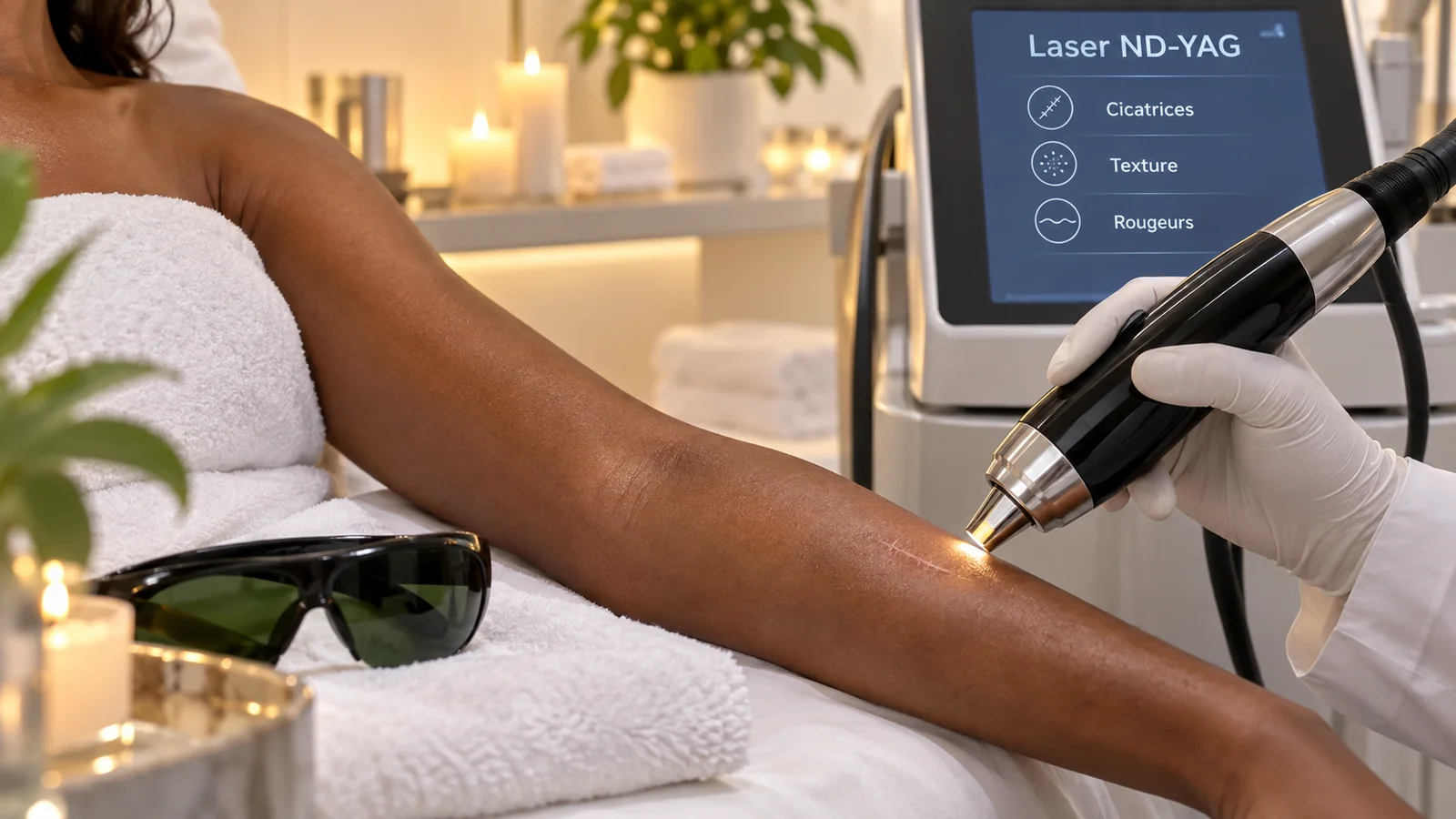 Séance de laser ND-YAG sur le bras d’une femme à la peau foncée, fine cicatrice visible : la pièce à main noire et chromée, tenue par une main gantée, survole la peau, l’écran affiche Laser ND-YAG