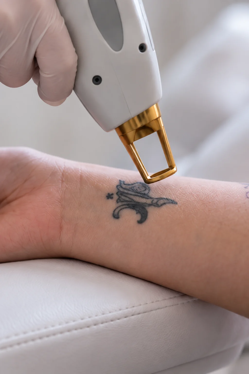 Séance de détatouage laser sur un poignet : la pièce à main à embout doré, tenue par une main gantée de blanc, survole un petit tatouage bleu-noir