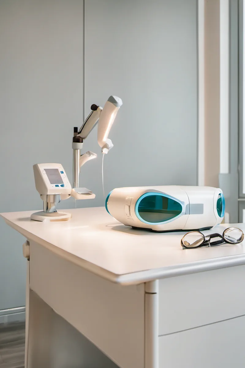 Salle de formation d'un centre laser, pièce à main de laser diode posée sur une table, cahiers et lunettes de protection