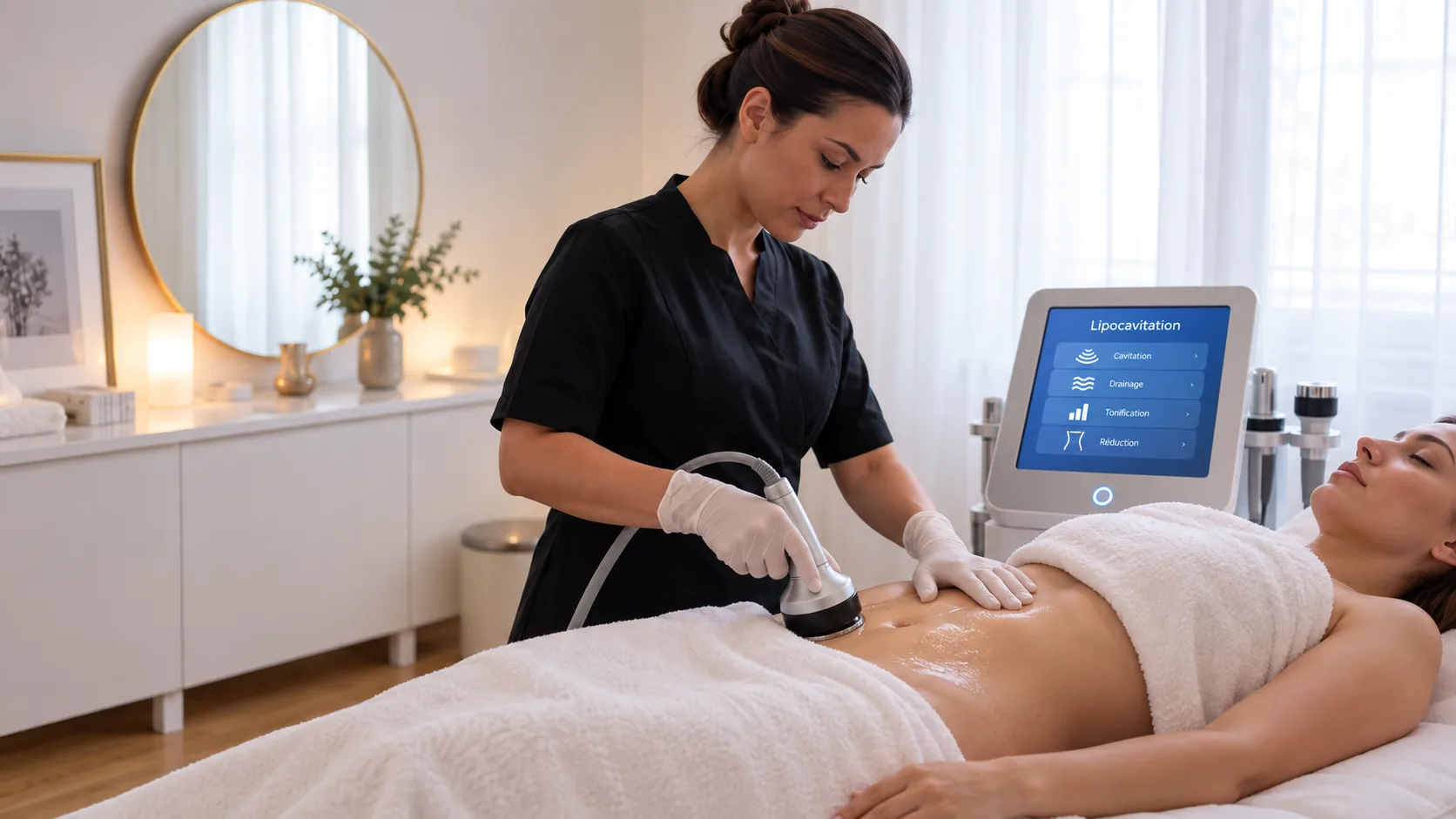 Praticienne passant la tête à ultrasons sur l'abdomen d'une personne allongée, écran de l'appareil allumé à côté