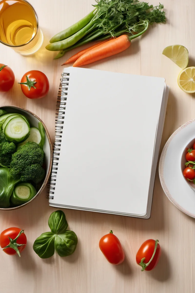 Table de consultation avec un carnet alimentaire ouvert, un verre d'eau et une assiette de légumes frais