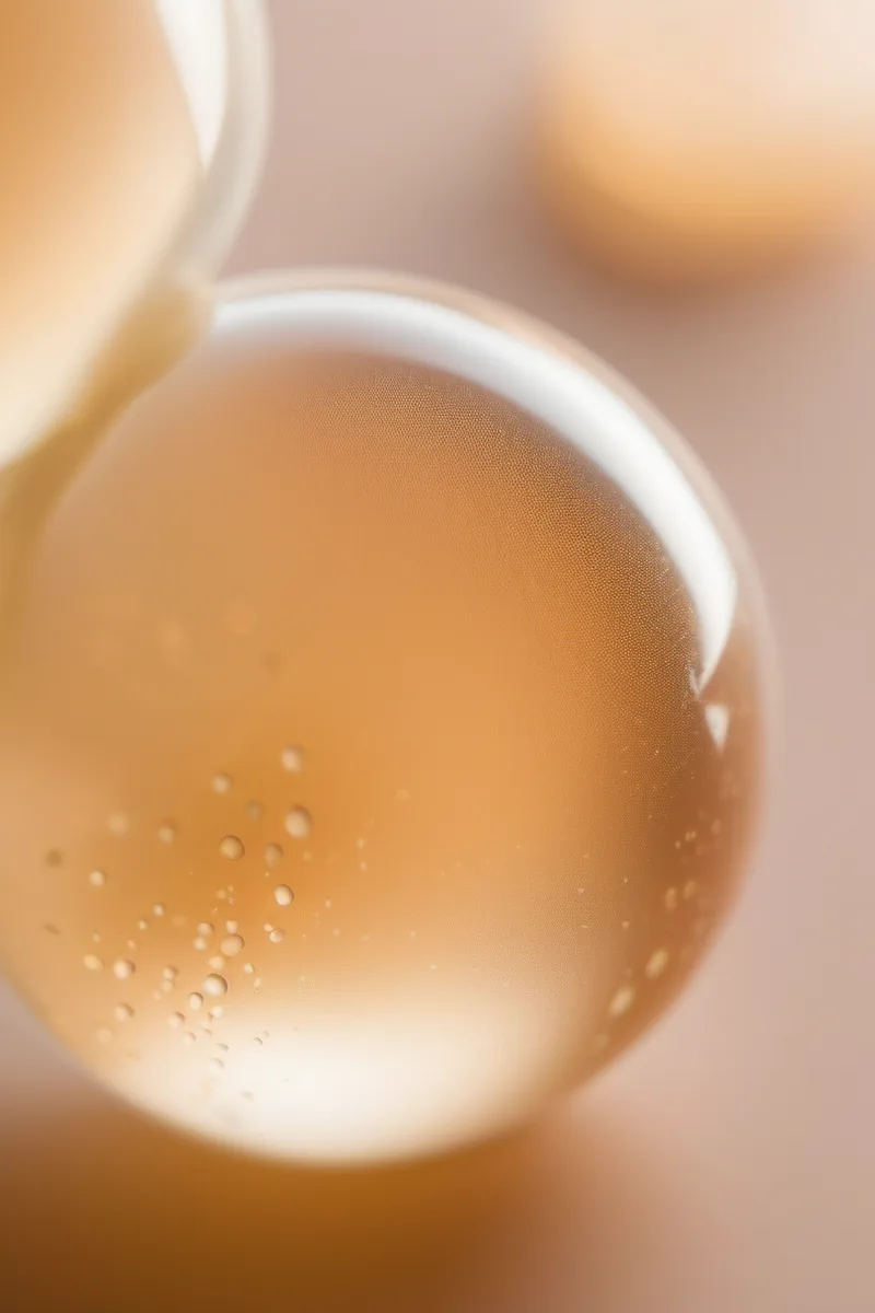 Capsule OxyGeneo et gel translucide formant de fines bulles sur une surface de peau, vue rapprochée
