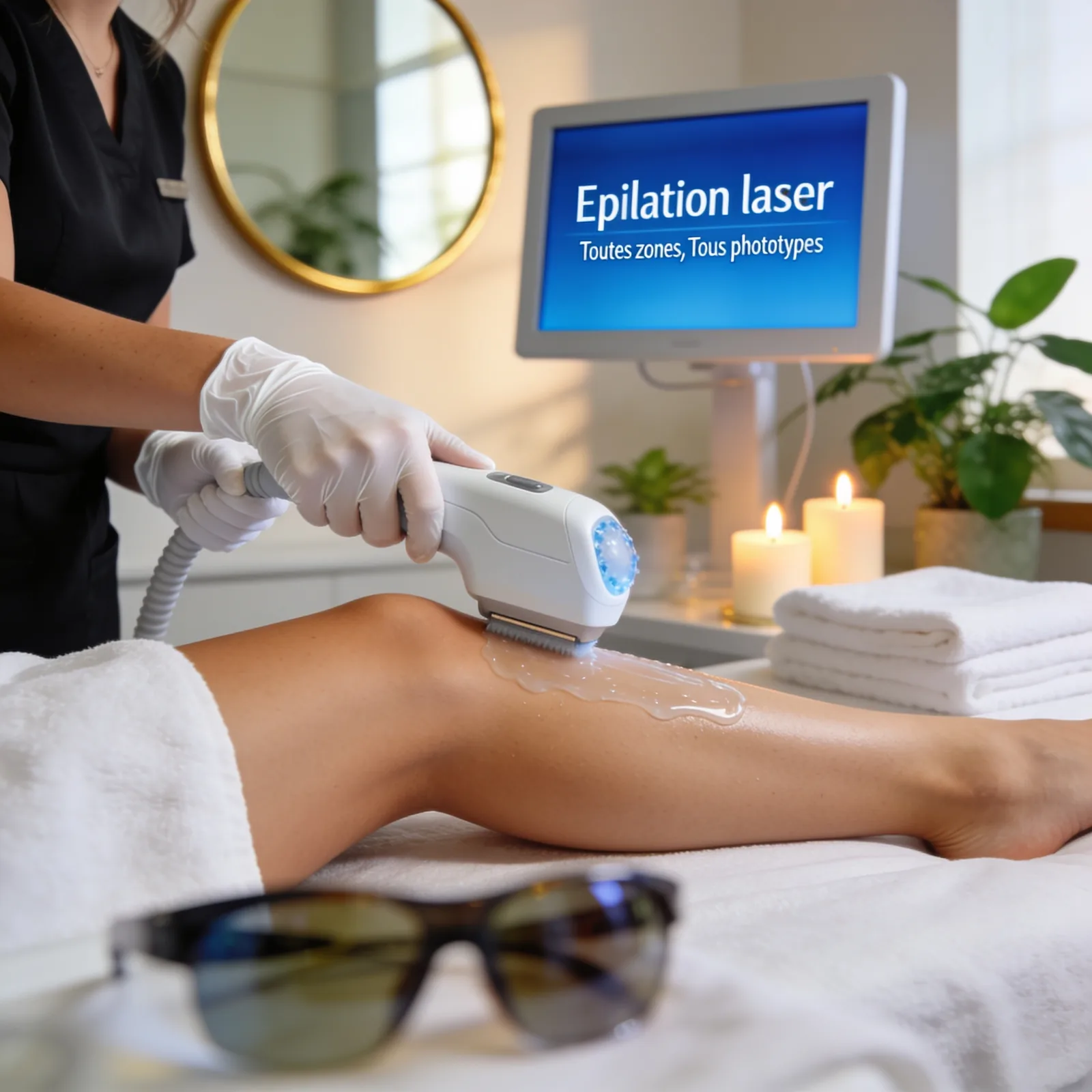 Séance d’épilation laser sur un demi-mollet, pièce à main à tête refroidie et gel translucide sur la peau