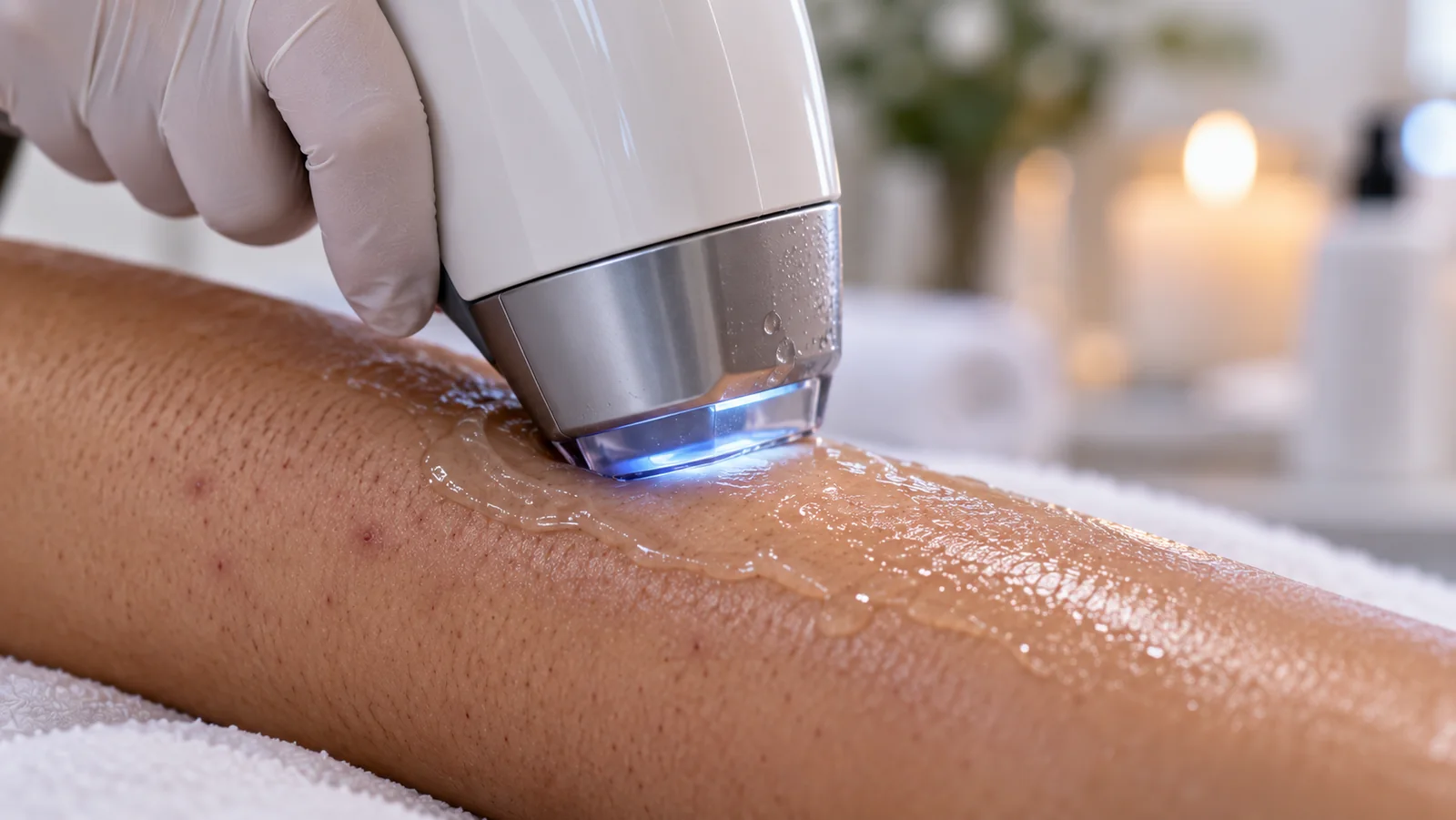 Gros plan sur une séance d’épilation laser : la tête refroidie à lumière bleutée, tenue par une main gantée de blanc, glisse sur la peau d’une jambe enduite de gel, quelques poils incarnés visibles