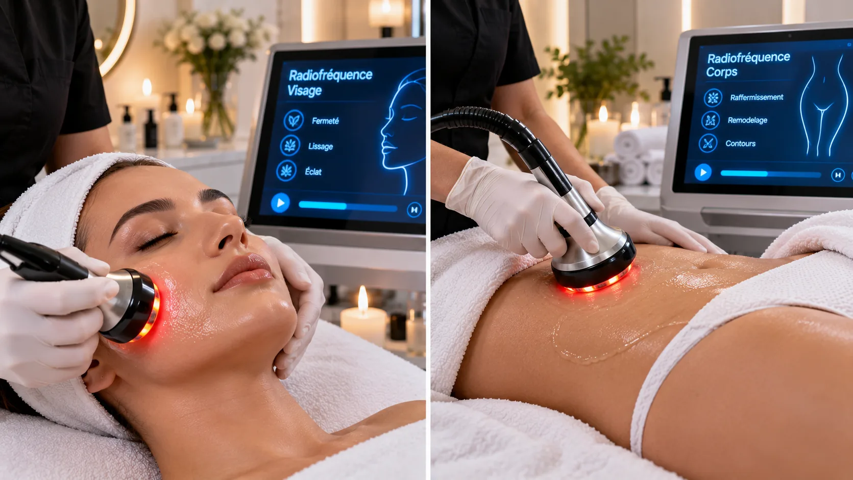 Deux moments d'un soin de radiofréquence : l'électrode chauffante glissée sur le visage, et la même tête passée sur le ventre, écrans de l'appareil allumés