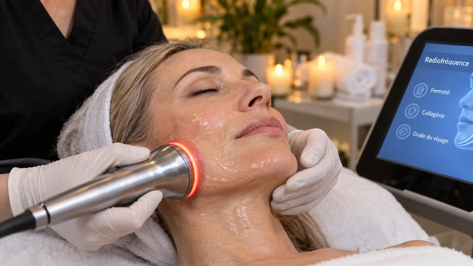 Séance de radiofréquence sur l’ovale du visage d’une femme blonde aux yeux fermés : la praticienne gantée glisse une pièce à main à anneau lumineux rouge sur la joue enduite de gel, l’écran affiche Radiofréquence