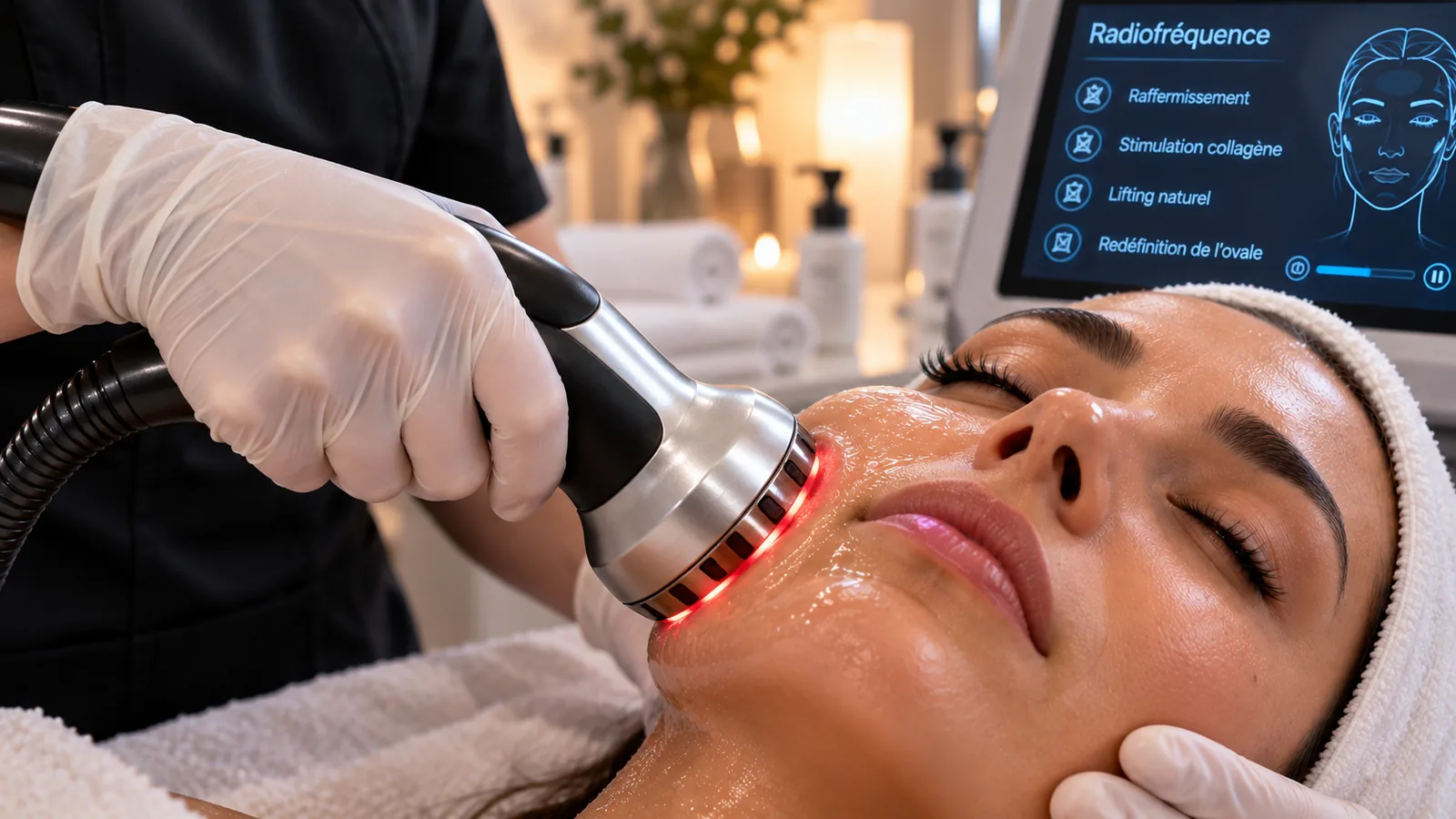 Séance de radiofréquence sur le visage : la praticienne gantée glisse une pièce à main à anneau lumineux le long de la joue, l’écran de l’appareil affiche Radiofréquence