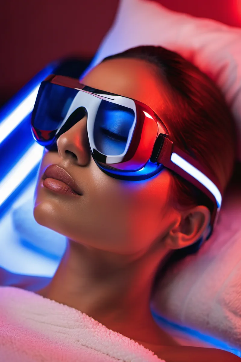 Panneau de LED bleue et rouge incliné au-dessus d'une cliente allongée portant des lunettes de protection