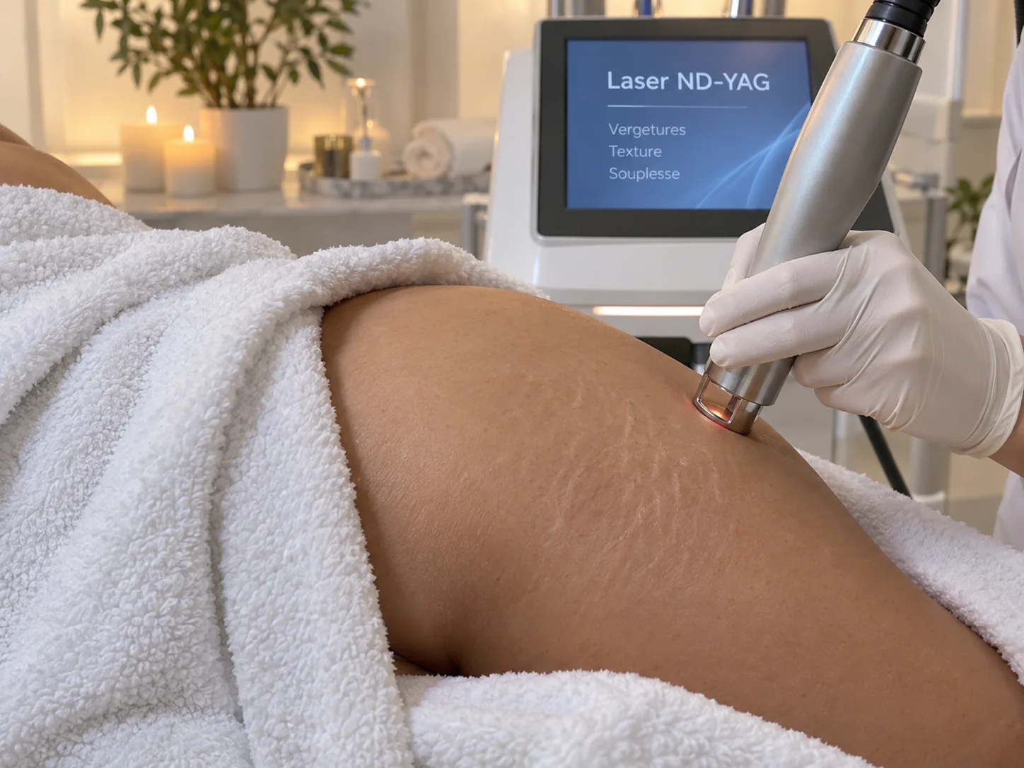 Séance de laser ND-YAG sur la hanche d’une femme drapée d’une serviette blanche, fines vergetures nacrées visibles : la pièce à main chromée tenue par une main gantée survole la peau, l’écran affiche Laser ND-YAG